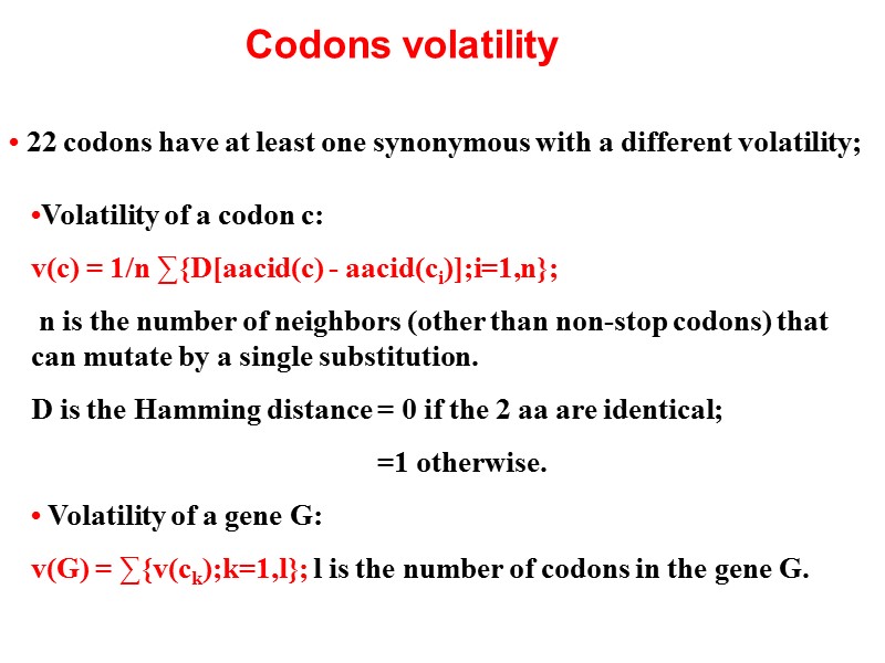 Codons volatility • 22 codons have at least one synonymous with a different volatility;